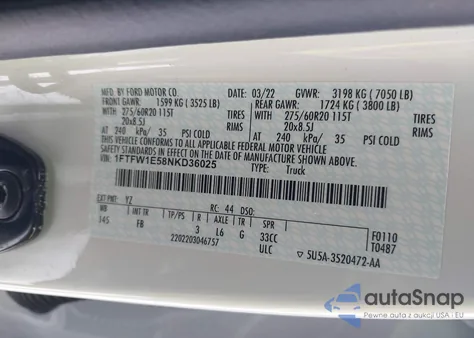 2022 Ford F-150 Xlt z USA, uszkodzony, nr VIN 1FTFW1E58NKD36025